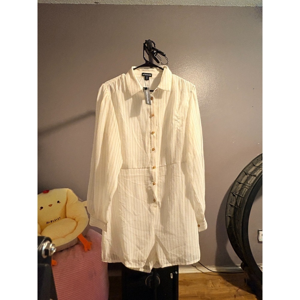 PrettyLittleThing - White w Yellow Stripes Button Up Dress, Cuffed Sleeve, Sz 12